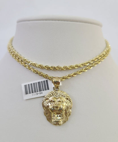 10k Solid Rope Chain 3mm Lion Head Pendant Charm Necklace SET 18-26 in