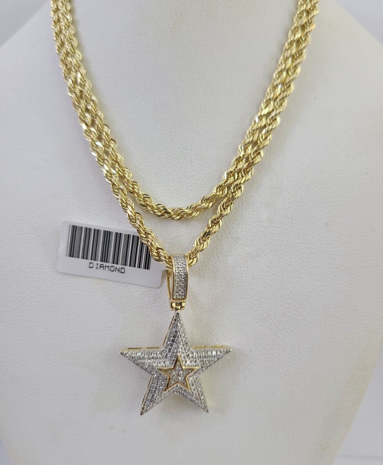 10k Solid Rope Chain 3mm Diamond Star Pendant Charm Necklace SET 18-26 in