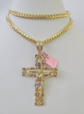 Real 14k Solid Chain Cross Charm Set Miami Cuban Link 6mm Necklace Pendant Gold