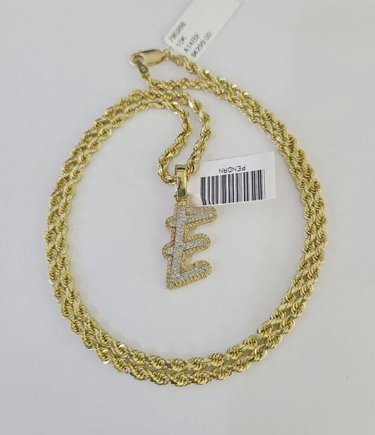 10k 3mm Rope Solid Chain E Diamond Pendant Alphabet 18"-28" Gold Charm Necklace