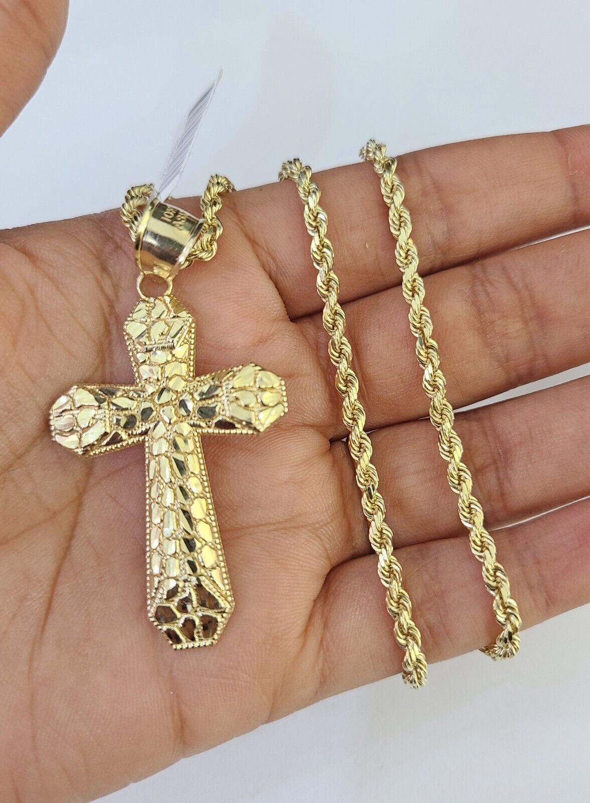 Real 10k Solid Rope Chain Jesus Cross Charm Set 3mm 20"-30" Inch Necklace Gold