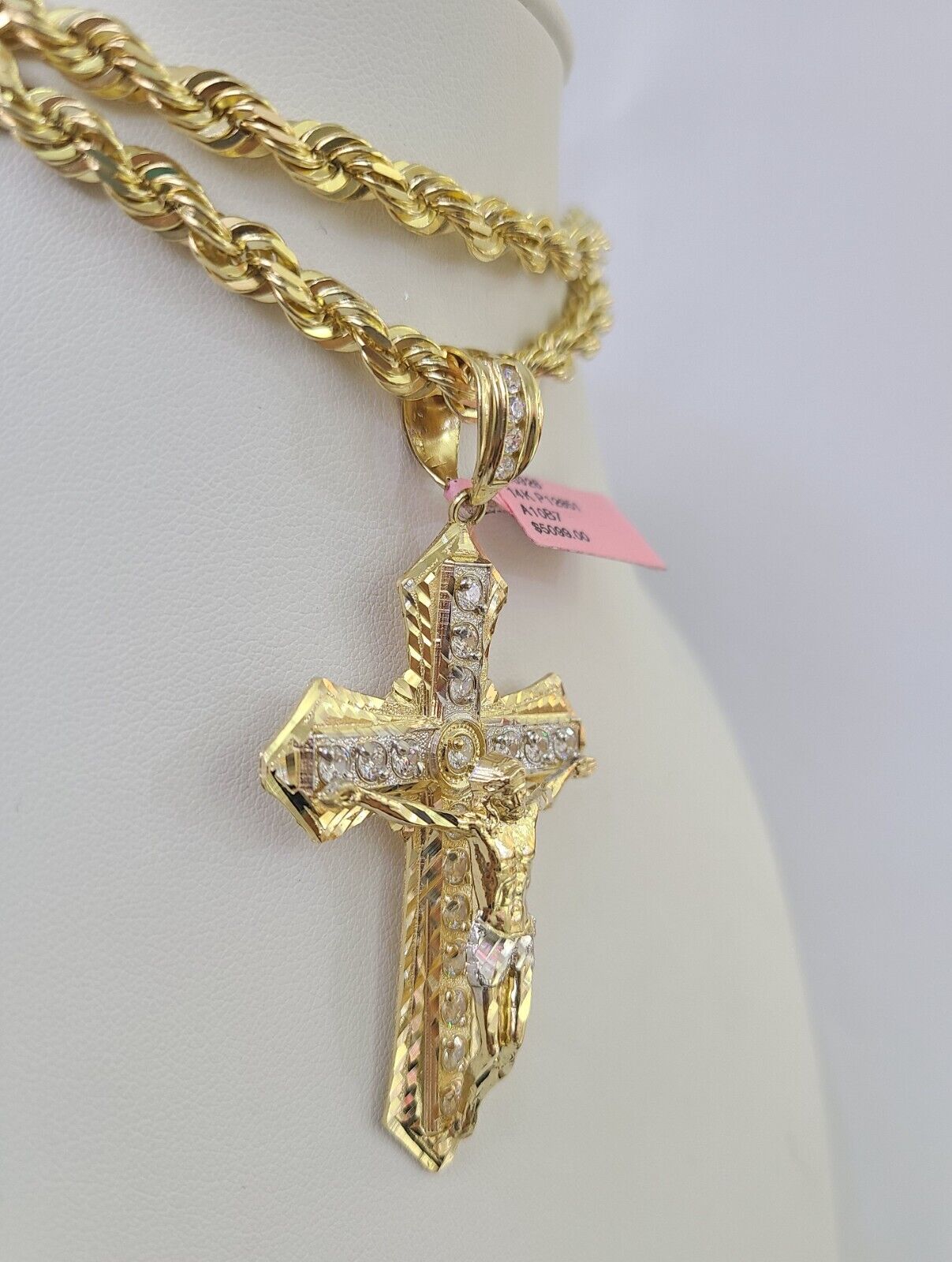 Real 14k Solid Rope Chain Jesus Cross Charm Set 6mm 18"-30" Necklace Gold