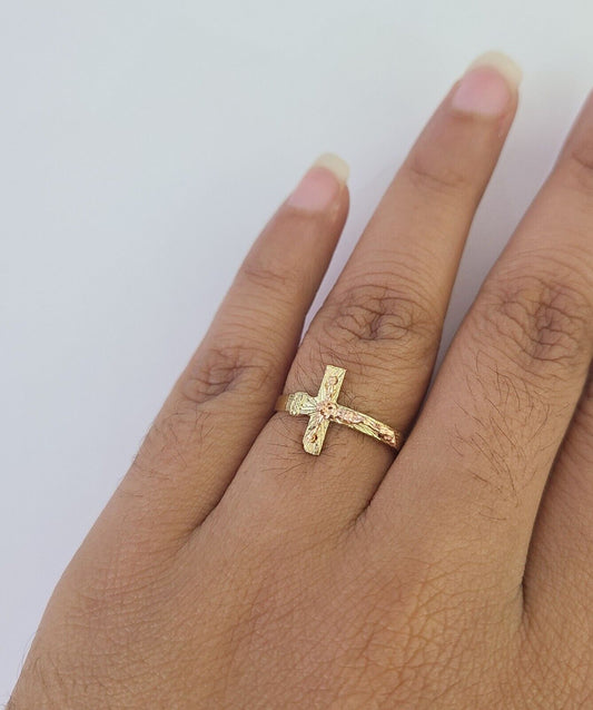 Real 10k Gold Jesus Cross Ring Band Women 10kt Yellow Gold For Ladies