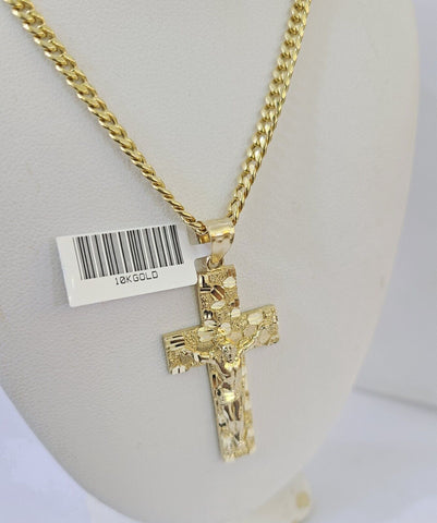 Real 10k Yellow Gold Chain Cross Charm Set 4mm Miami Cuban Link Necklace Pendant