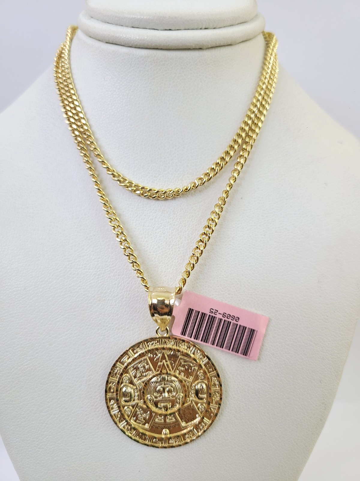 14k Miami Cuban Chain Mayan Calendar Charm Pendant 3mm 18"24" inch SET Necklace