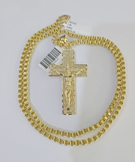 10k Gold Byzantine Necklace Jesus Cross Charm 18-26 inches 3mm SET Chain