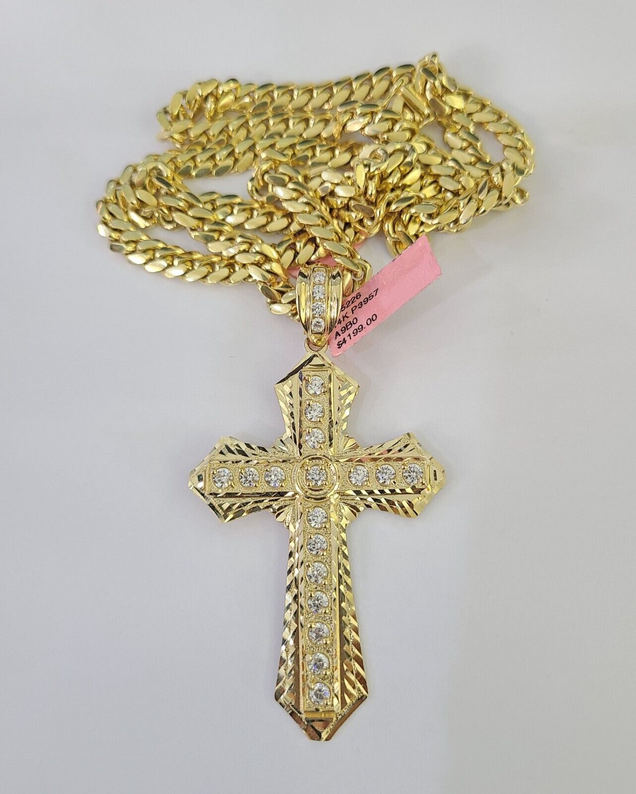 Real 14k Solid Chain Cross Charm Set Miami Cuban Link 6mm Necklace Pendant Gold