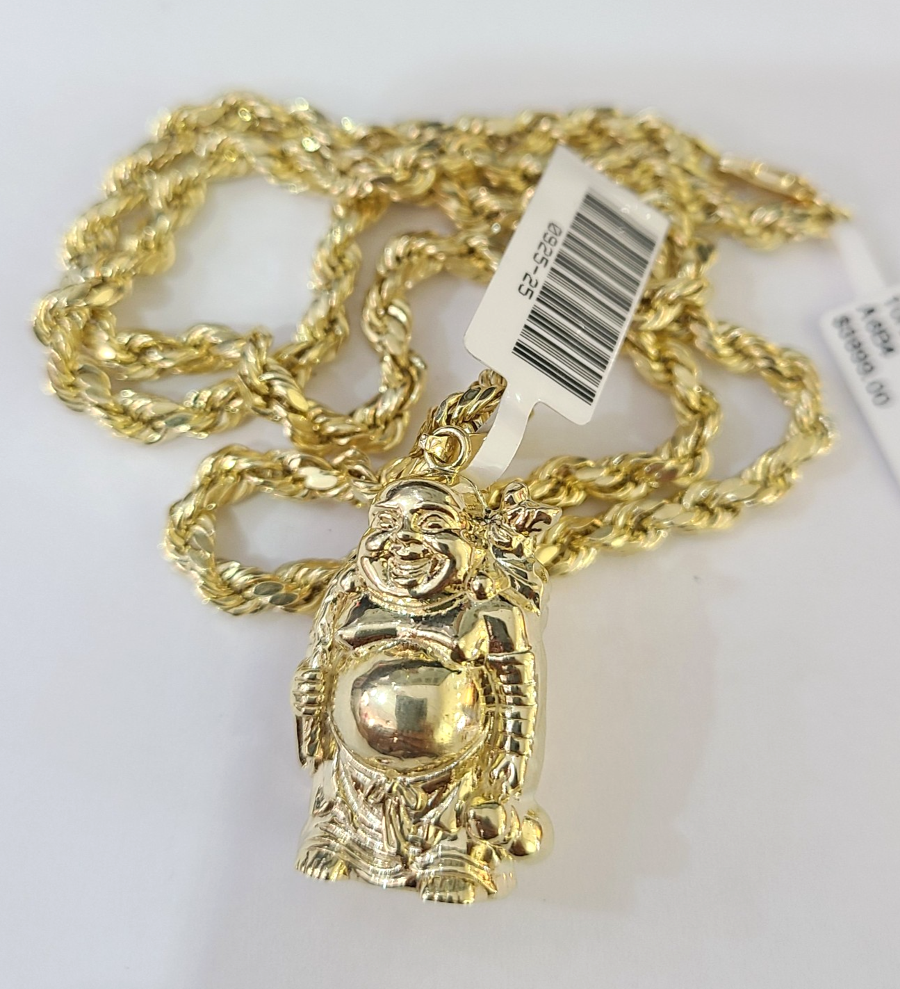 Real 10k Gold Rope Chain Necklace Laughing Buddha Pendant Charm Set 4mm 20"-30"