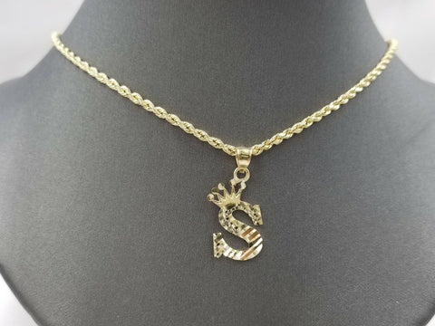10k A-Z Gold Initial Crown Charm Rope chain 16" 18" 20" 22" 24"