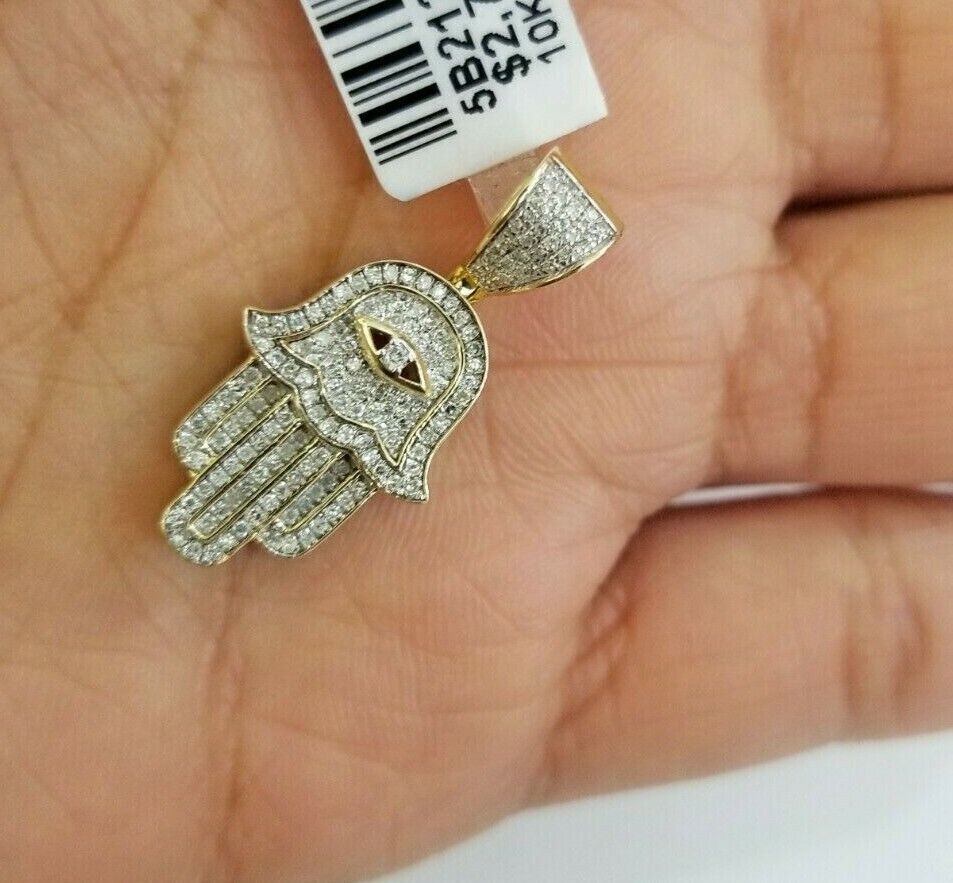 Real 10k Yellow Gold Diamond Charm Hamsa Hand Pendant& Cuban Link Chain Neckalce