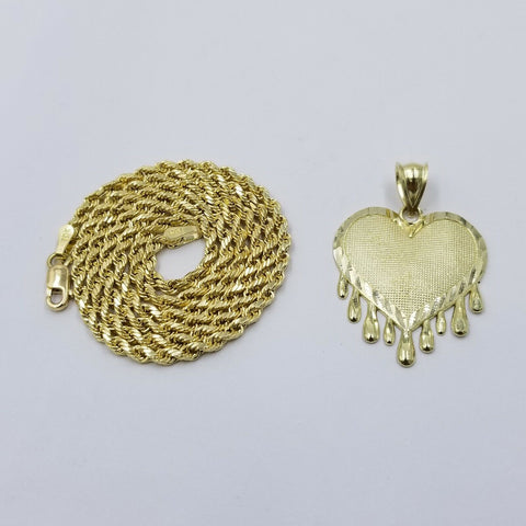 10k Yellow Gold Rope Chain 2.5mm Heart Diamond Cut Pendant