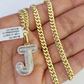 10k Miami Cuban Chain Diamond J Initial Charm Set 4mm 18"-28" Necklace Gold