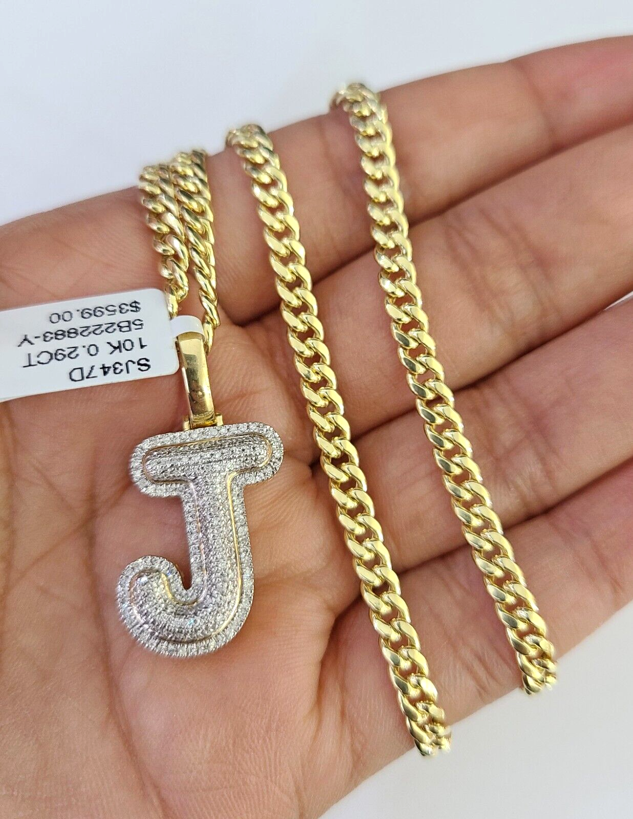 10k Miami Cuban Chain Diamond J Initial Charm Set 4mm 18"-28" Necklace Gold