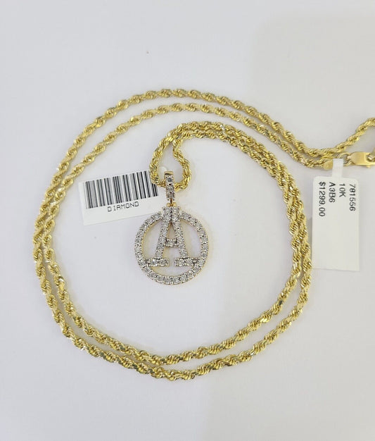 10k 2.5mm Rope Chain A Diamond Pendant Alphabet 18"-30" Gold Set Charm Necklace