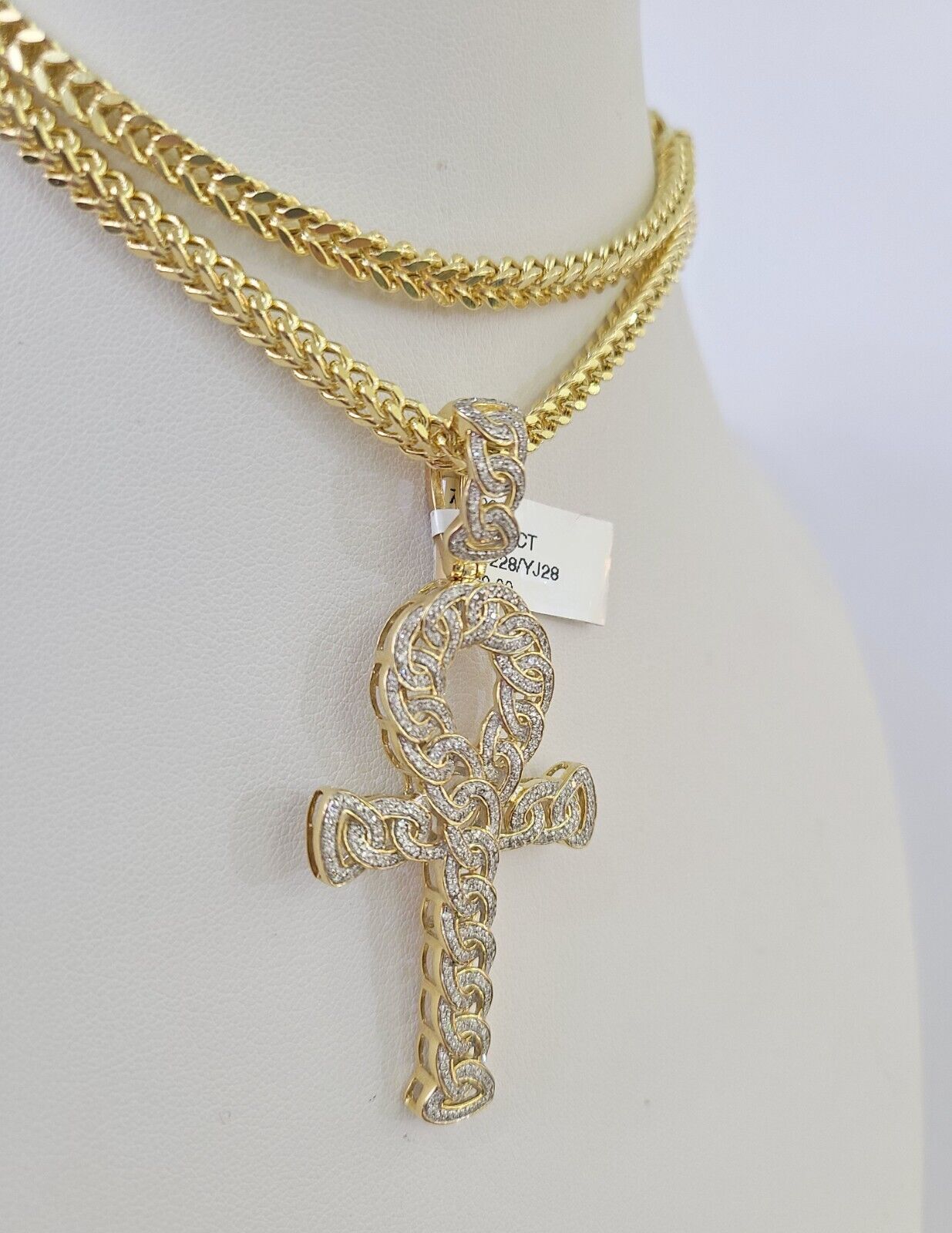 10K Franco Chain Diamond Jesus Cross Pendant Charm Necklace 20"-28" 4mm Gold SET