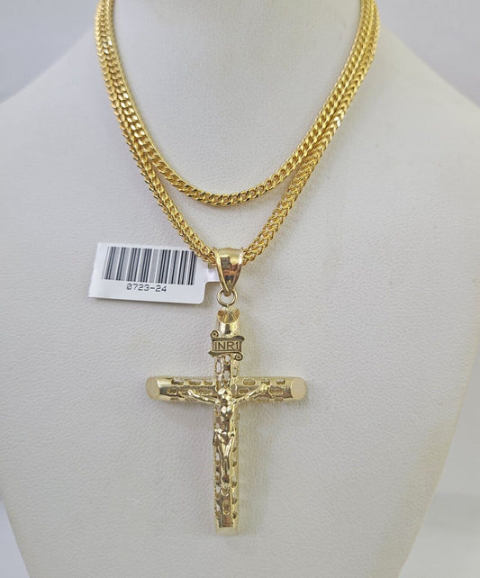 10K Gold Franco Chain Jesus Cross Charm Pendant 20-26 inches 2.5mm REAL Yellow