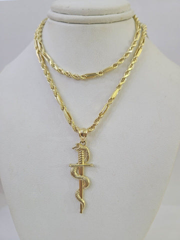 10k Milano Rope Chain Snake Sword Charm Necklace SET 3mm 18"-26" Pendant