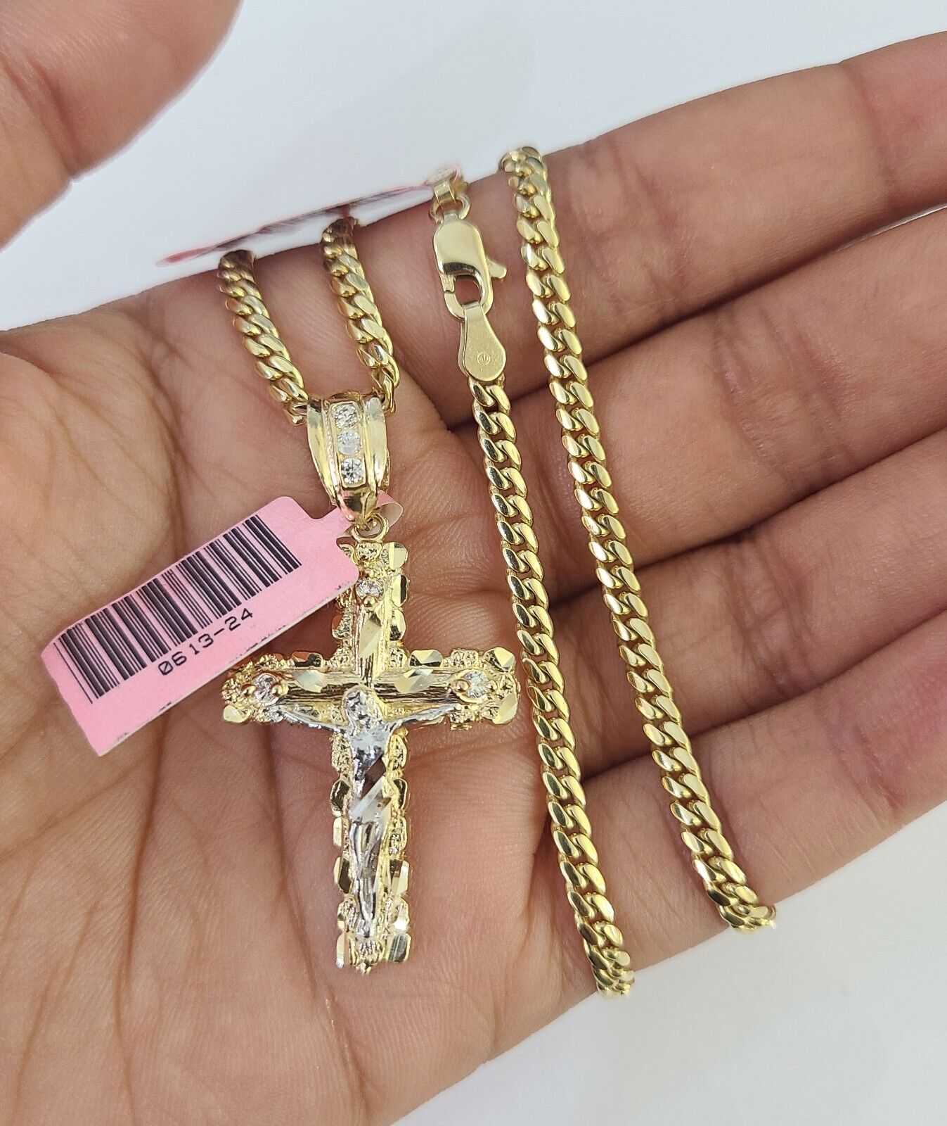 Real 14k Solid Chain Cross Charm Set Miami Cuban Link 3mm Necklace Pendant Gold