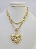 10K Gold Miami Cuban Chain Nugget Heart Charm 18"-24" 3mm REAL Pendant Ladies