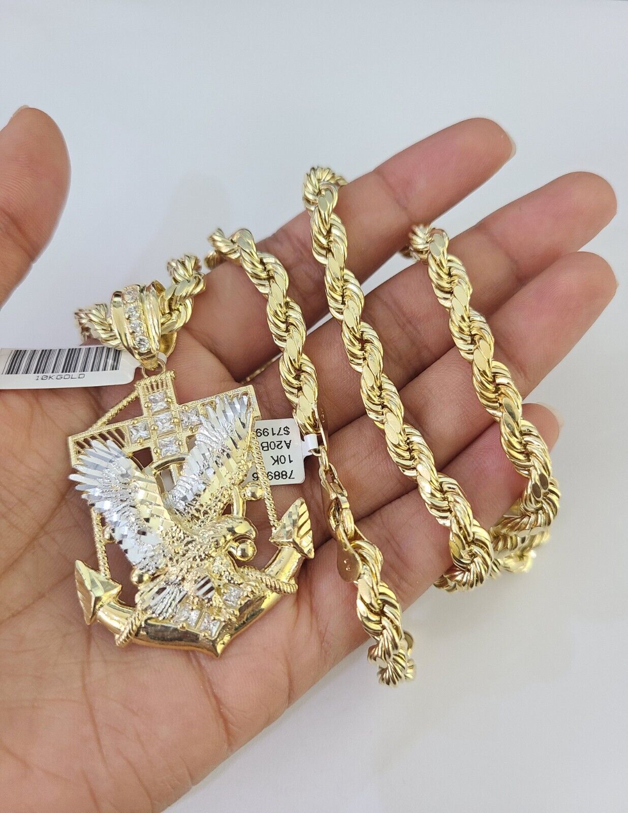 Real 10k Rope Chain Eagle Anchor Charm Set 7mm 20"-28" Inch Necklace Yellow Gold