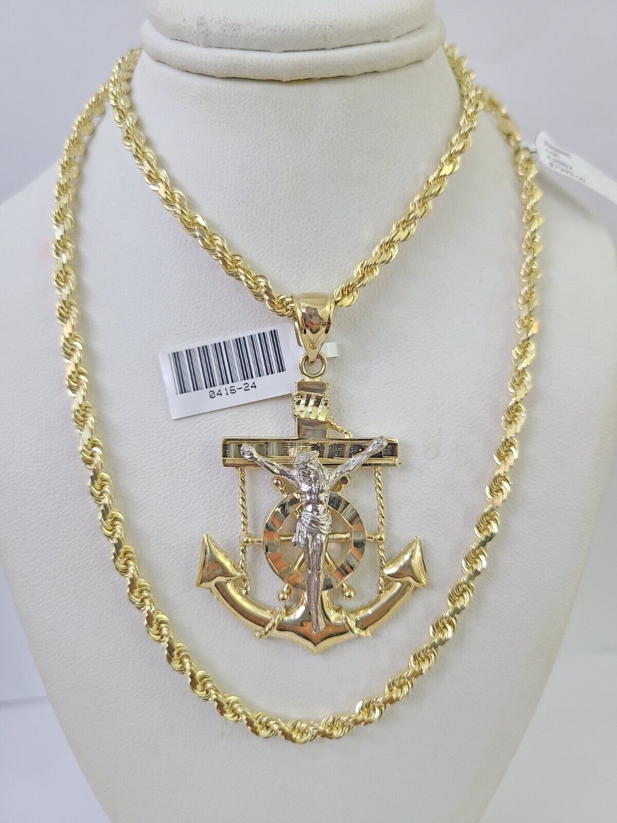 10k Solid Rope Chain Jesus Anchor Charm Set 4mm 20"-28" Necklace Gold Yellow