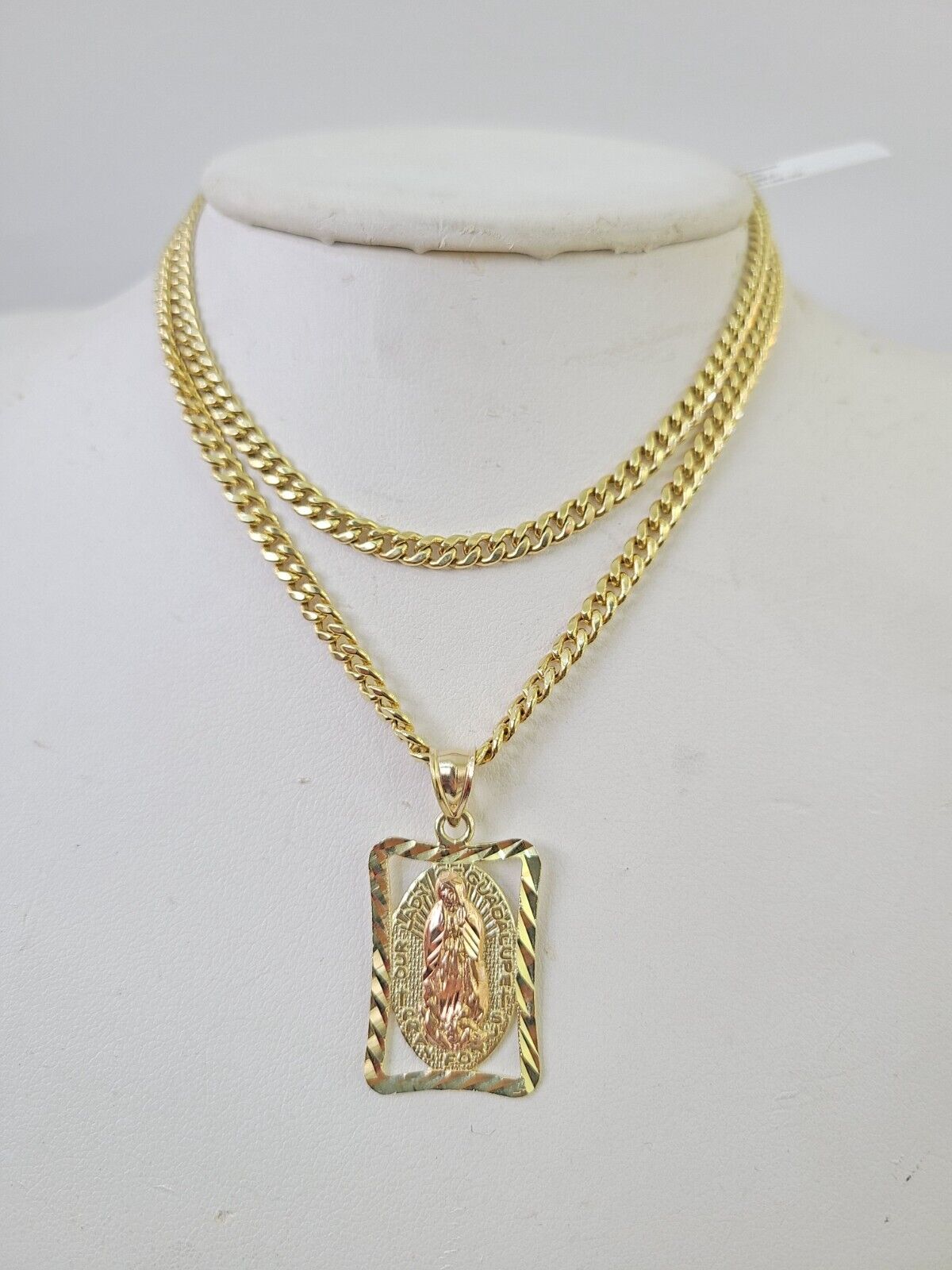 10k Miami Cuban Chain Virgin Mary Charm Set 4mm 18"-28" Necklace Yellow Gold