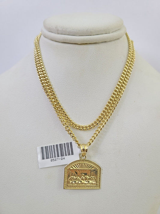 10K Gold Miami Cuban Chain Last Supper Charm 18"-28" 3mm REAL Pendant Necklace