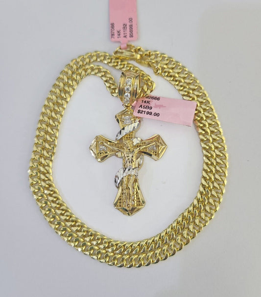 Real 14k Chain Cross Charm Set Miami Cuban Link 5mm 18"-30" Necklace Pendant