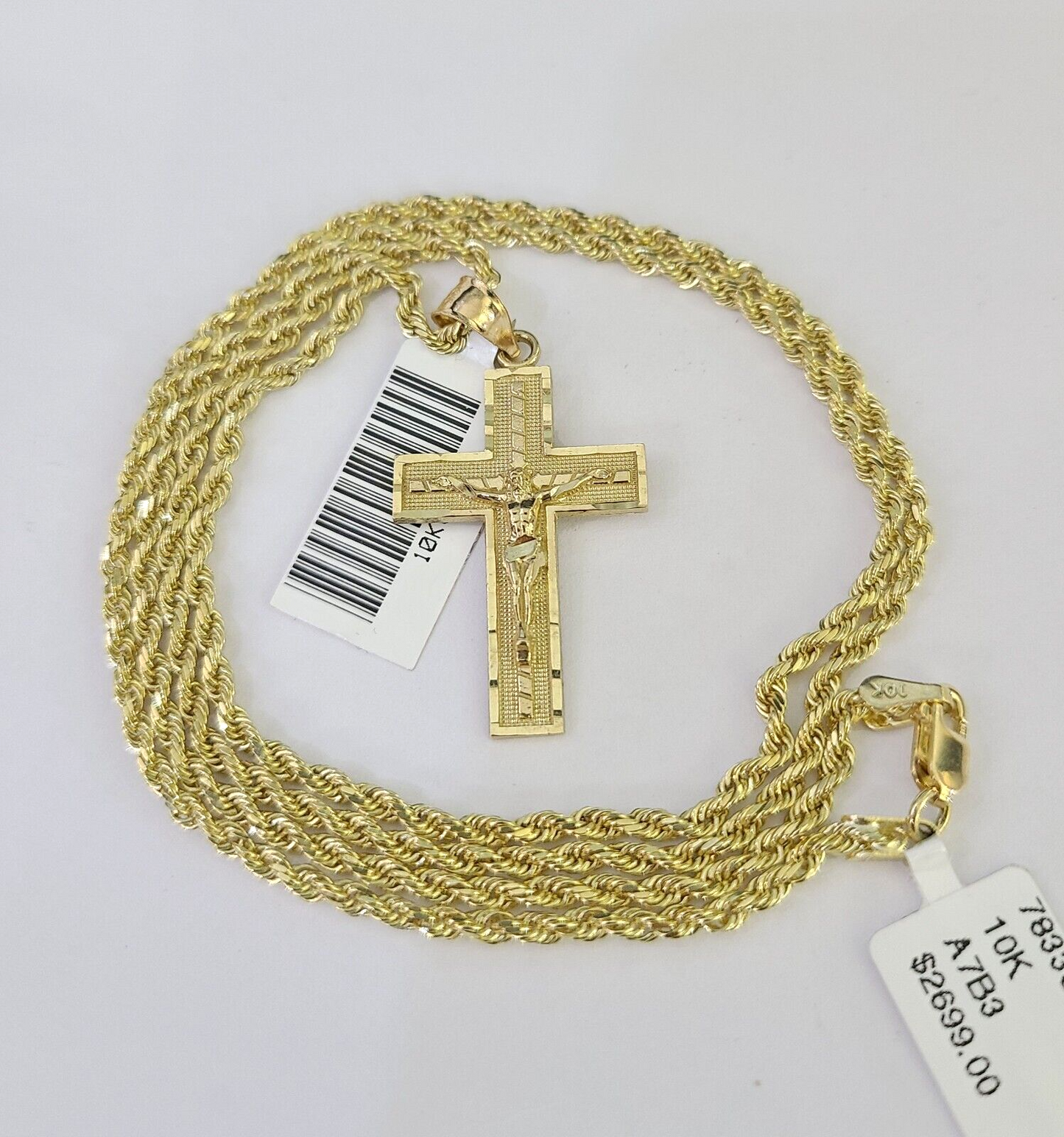 10k Solid Rope Chain 2mm Jesus Crucifix Cross Pendant Charm Necklace SET 18-24"