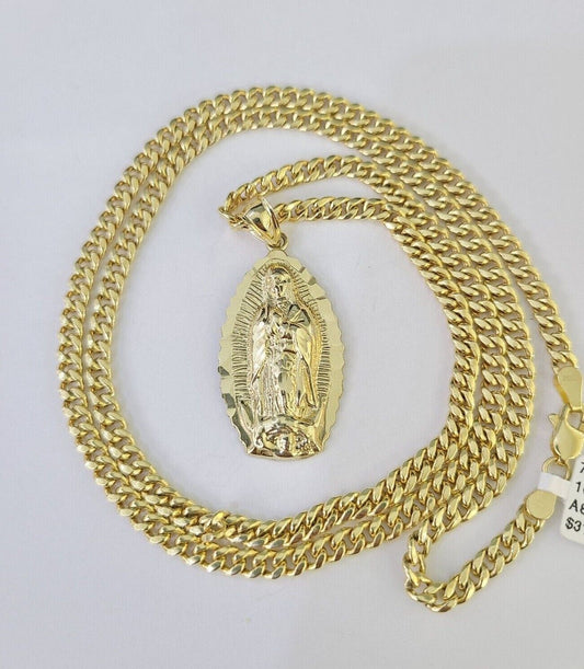 10k Miami Cuban Chain Virgin Mary Charm Set 4mm 18"-28" Necklace Yellow Gold