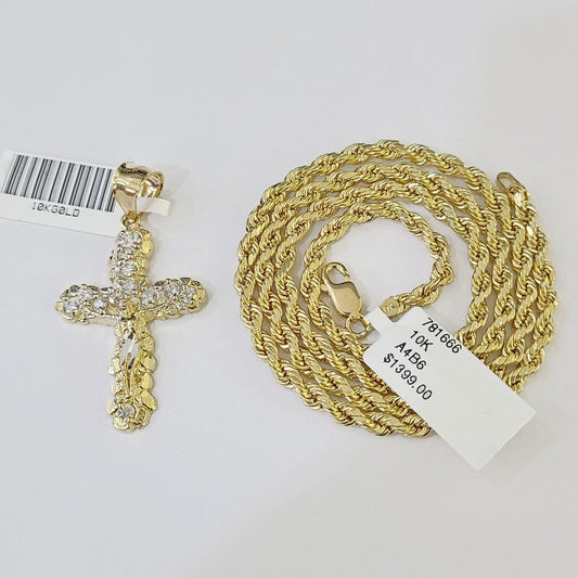 10K Gold Rope Chain 3mm Length 18" 20" 22" 24" 26" 28" 30" & Cross Charm