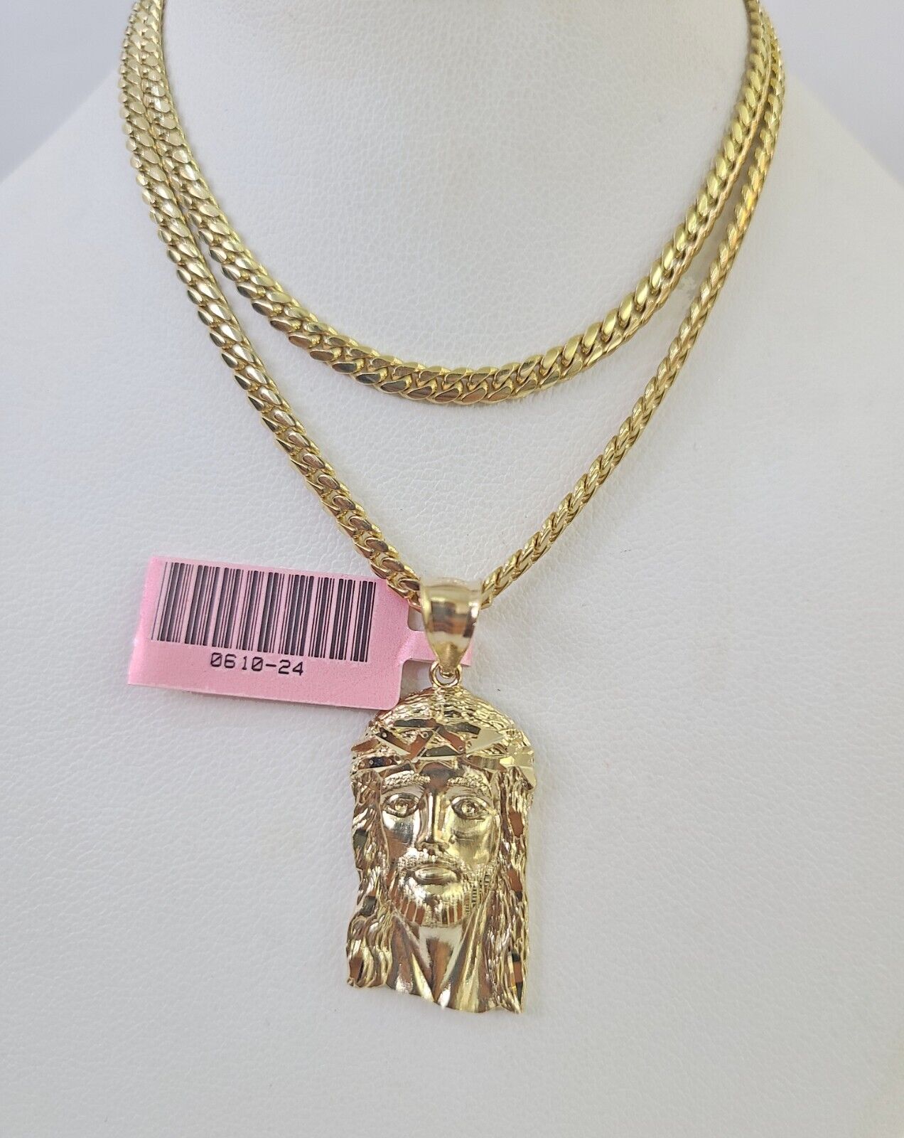 Real 14k Solid Chain Jesus Head Charm Set Miami Cuban 3mm Necklace Pendant