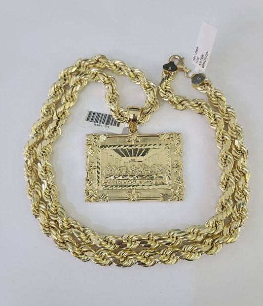 Real 10k Rope Chain Last Supper Charm Set 8mm 20"-30" Inch Necklace Gold