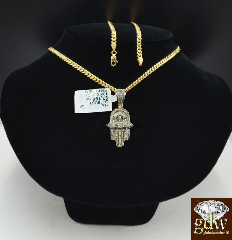 10k Yelow Gold Diamond Hamsa Hand Charm Miami Cuban Link Chain Necklace DISCOUNT