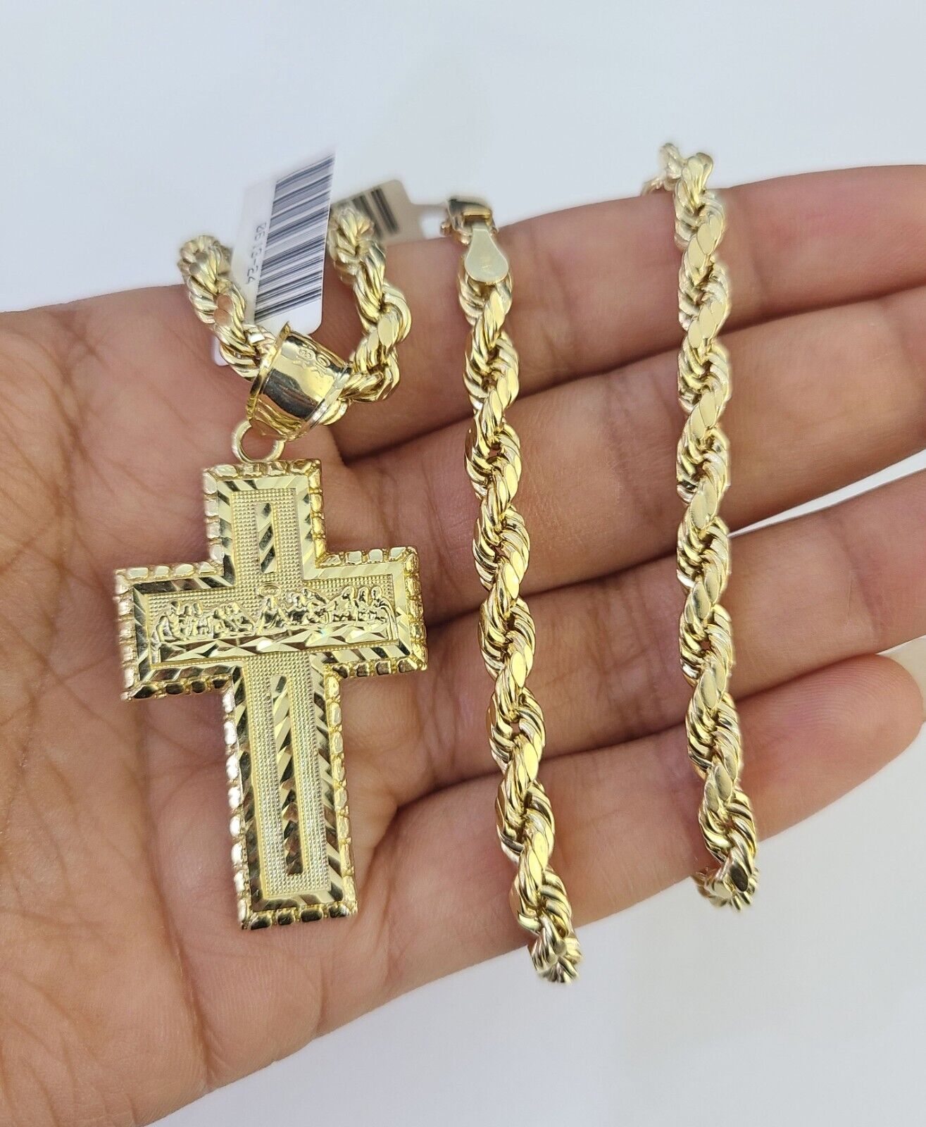 Real 10k Rope Chain Jesus Cross Charm Necklace Pendant Set 5mm 20"-30" Inch Gold