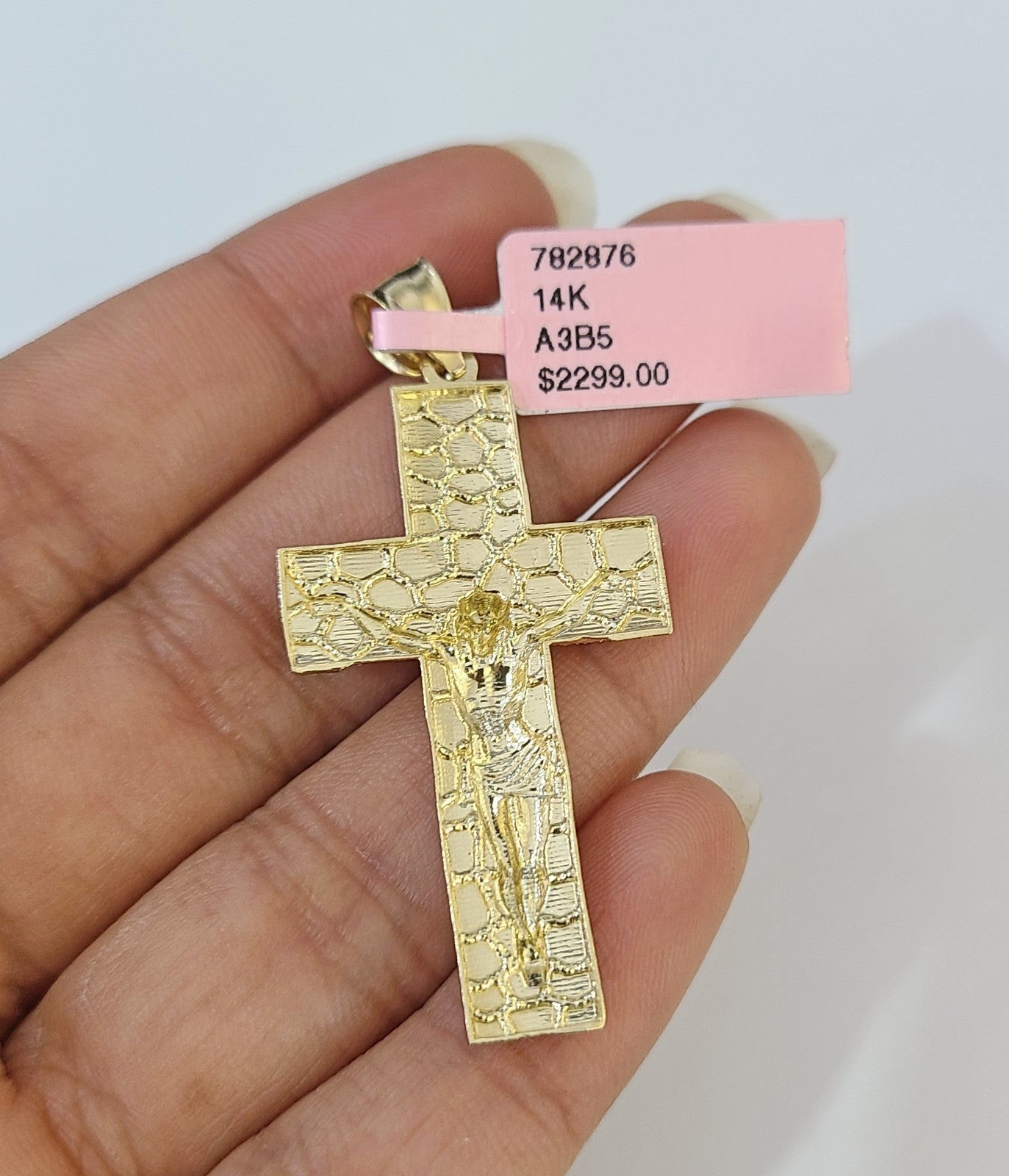 14k Solid Figaro Chain Nugget Jesus Cross Pendant Gold 4mm 18"-28" SET Necklace