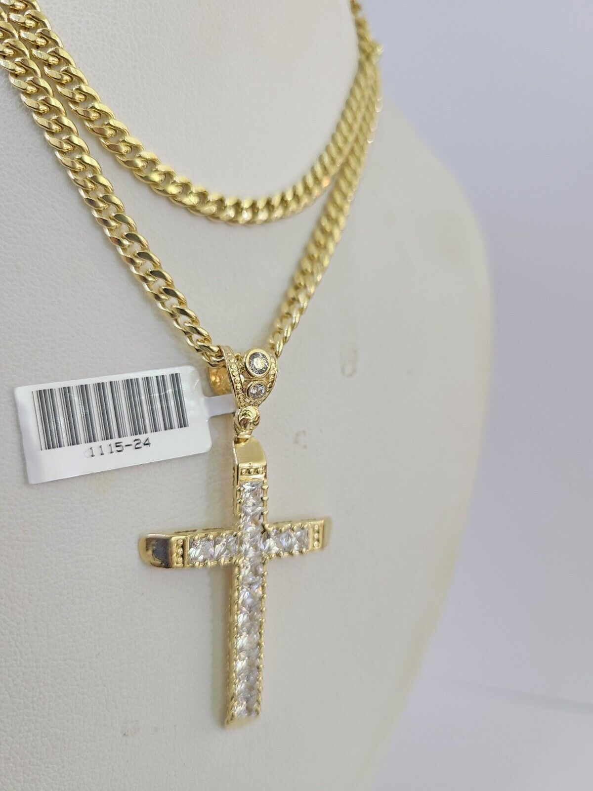 10k Miami Cuban Chain Jesus Cross Charm Set 4mm 18"-28" Necklace Yellow Gold