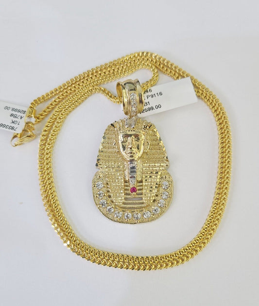 10K Franco Chain Pharaoh Head Pendant Charm Necklace 20"-26" 2.5mm Yellow Gold