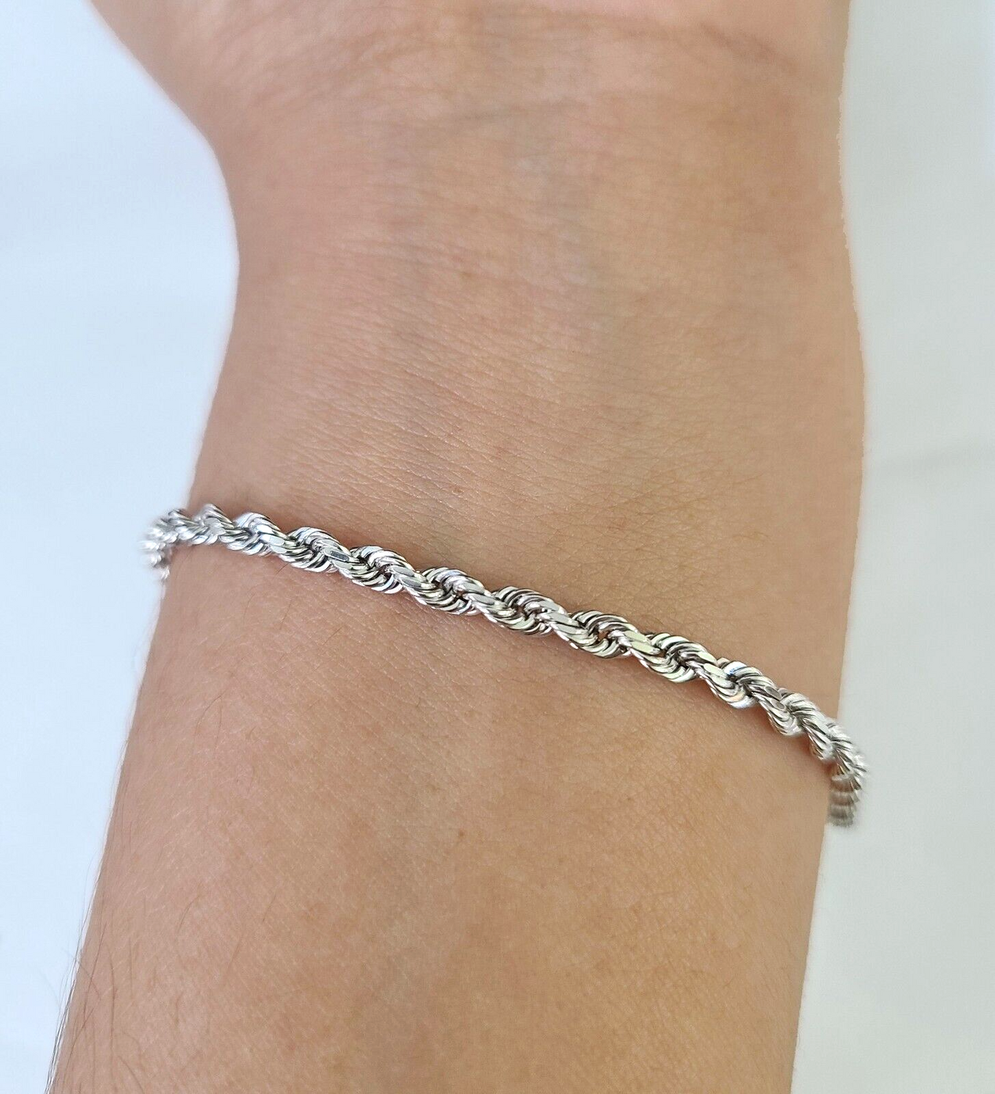 Real 10K Rope Bracelet White Gold Solid 3mm 7Inch Lobster Lock Unisex  Genuine