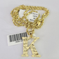 10k Gold Initial K Charm Rope Chain 16"-26" 2.5mm SET Necklace Alphabet Pendant