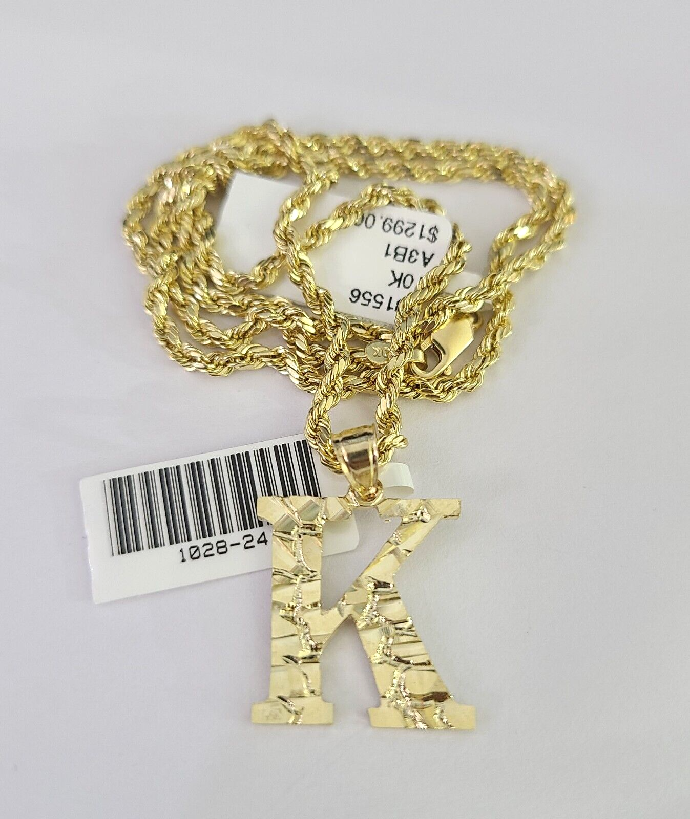 10k Gold Initial K Charm Rope Chain 16"-26" 2.5mm SET Necklace Alphabet Pendant