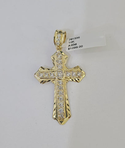 Real 10k Yellow Gold Chain Cross Charm Pendant Set Miami Cuban Link Necklace 4mm