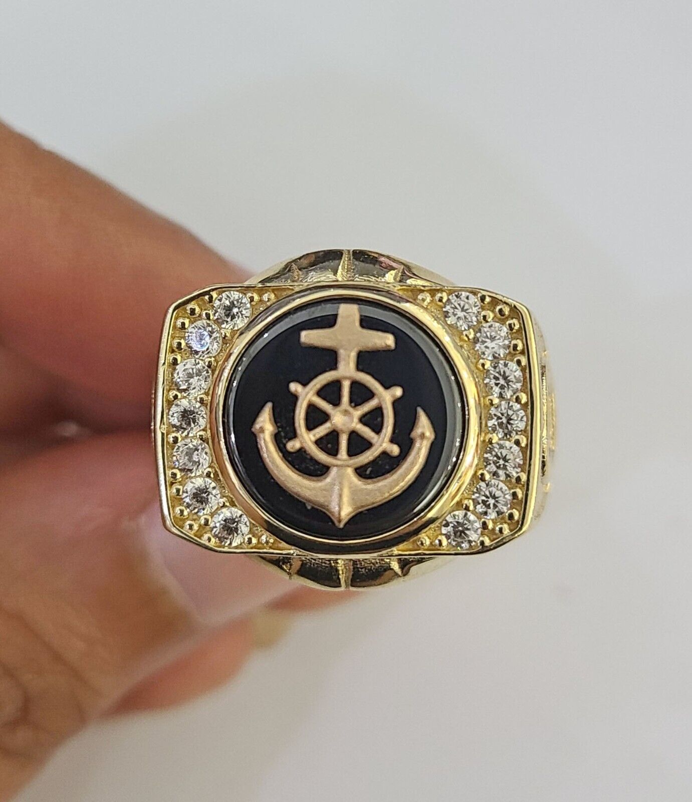 Real 10k Ring Anchor Fancy Black Design Yellow Gold Men Casual 10kt