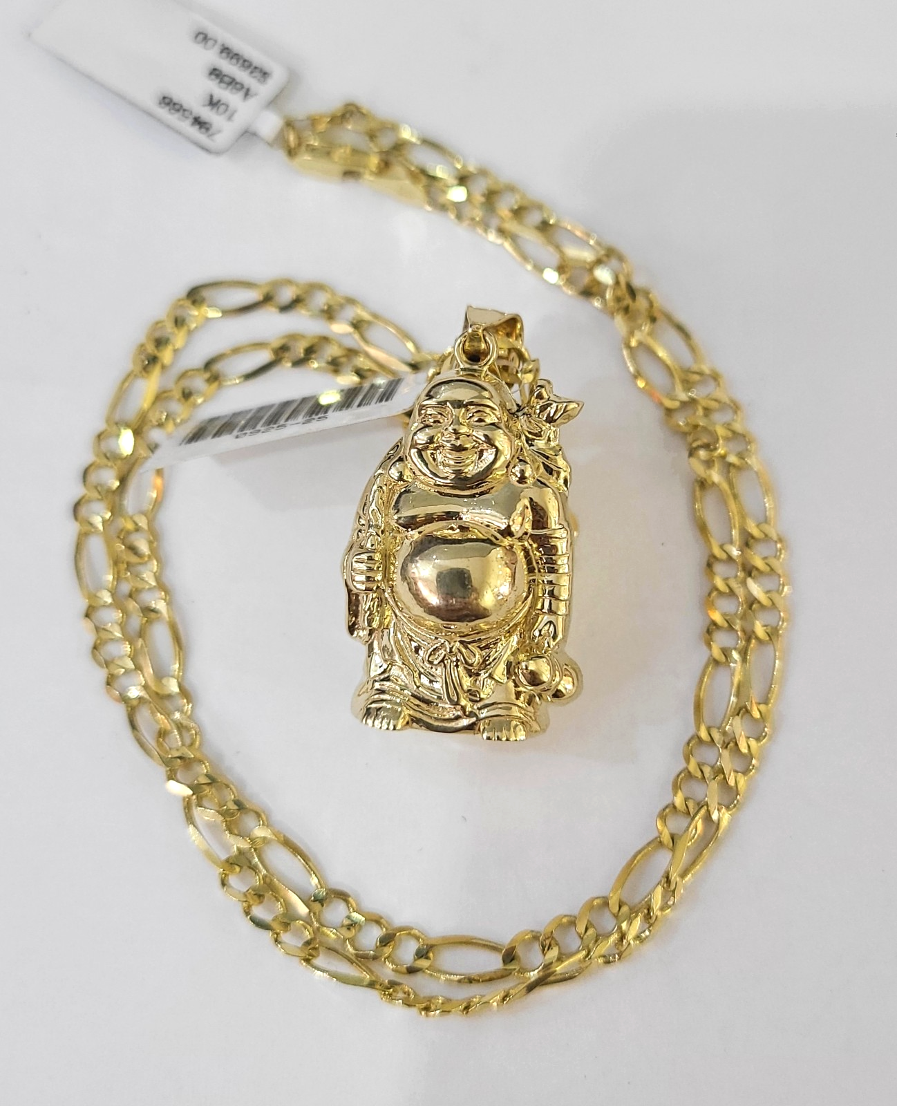 10k Figaro Chain Laughing Buddha Pendant Charm Gold 3mm 20-28 inch SET Necklace