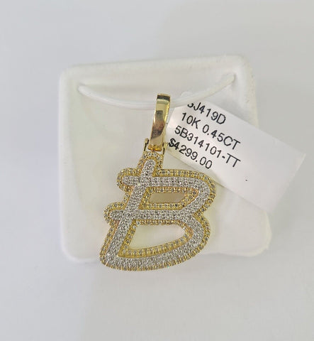 10k Miami Cuban Chain B Diamond Charm Set 4mm 18-26"Yellow Gold Necklace Pendant