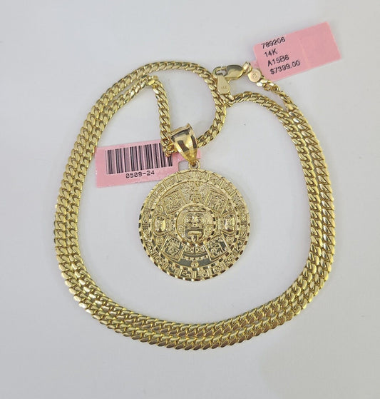 Real 14k Solid Chain Mayan Calendar Charm Set Miami Cuban 3mm Necklace Pendant