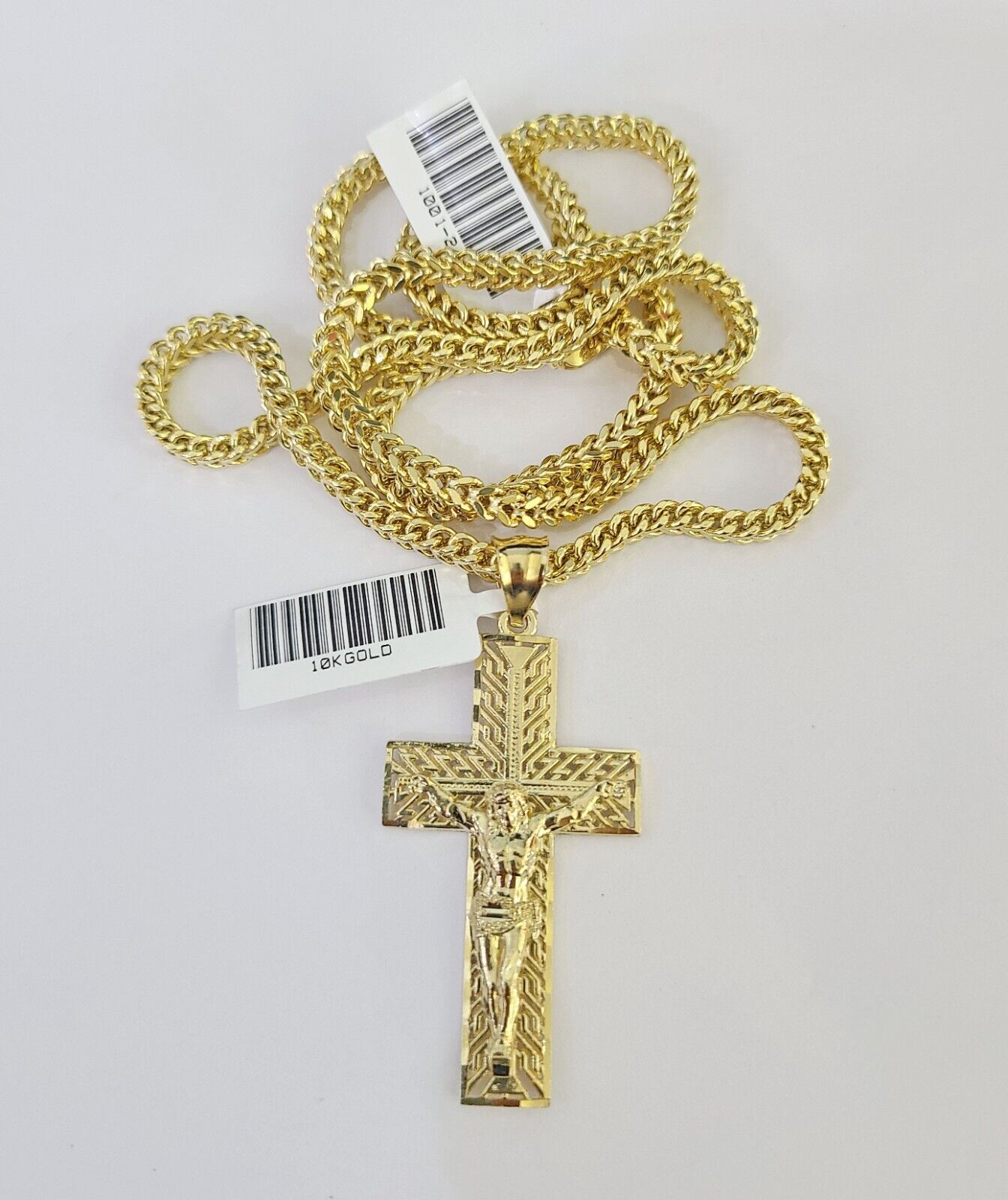 10K Franco Chain Jesus Cross Pendant Charm Necklace 20"-26" 3mm Gold Yellow SET