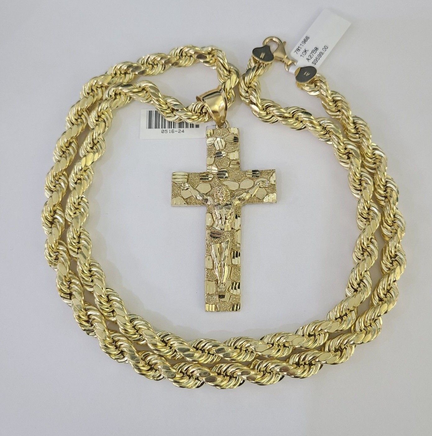 Real 10k Rope Chain Jesus Cross Charm Set 8mm 20"-30" Inch Necklace Yellow Gold