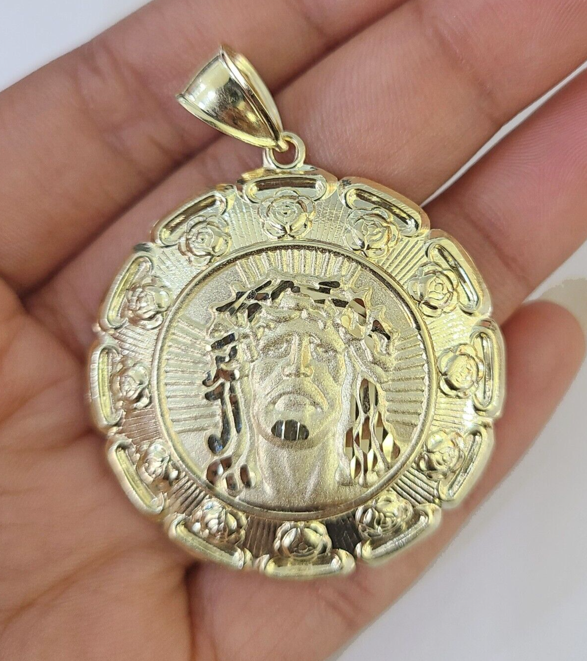 Real 10K Nugget Medallion Guadalupe Pendent Charm 10kt yellow Gold 2" Religious