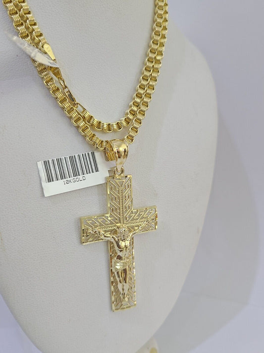 10k Gold Byzantine Necklace Jesus Cross Charm 18-26 inches 3mm SET Chain